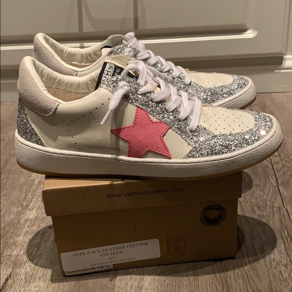 Vintage Havana Women's Glitter Star Sneakers - Pink and Silver